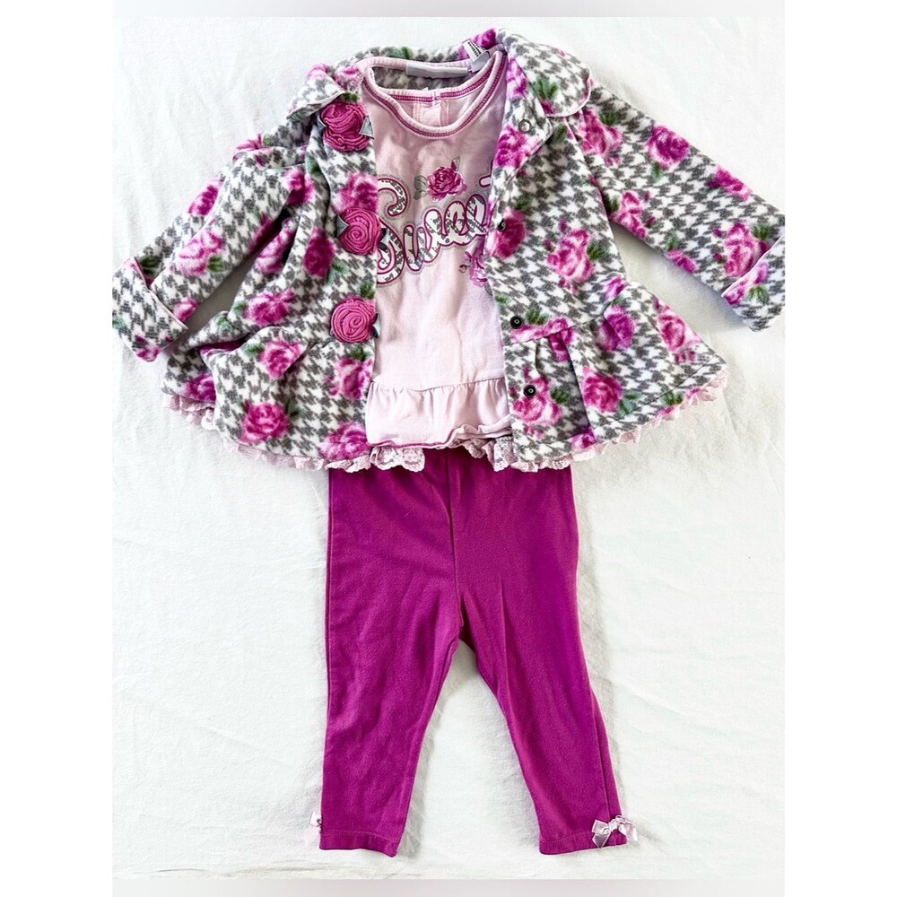 Kids Headquarters 3-Piece Outfit Set 12M Floral Jacket, “Sweet” Top & Pants